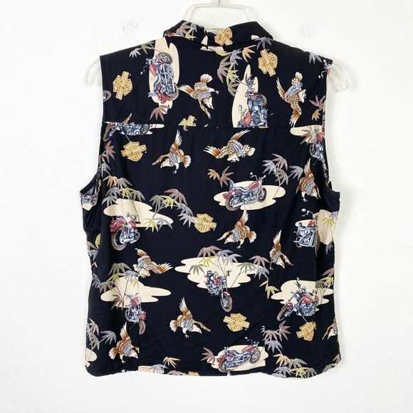 Harley Davidson Motorcycles Biker Black Graphic Button Up Sleeveless Shirt Sz L - Picture 2 of 7